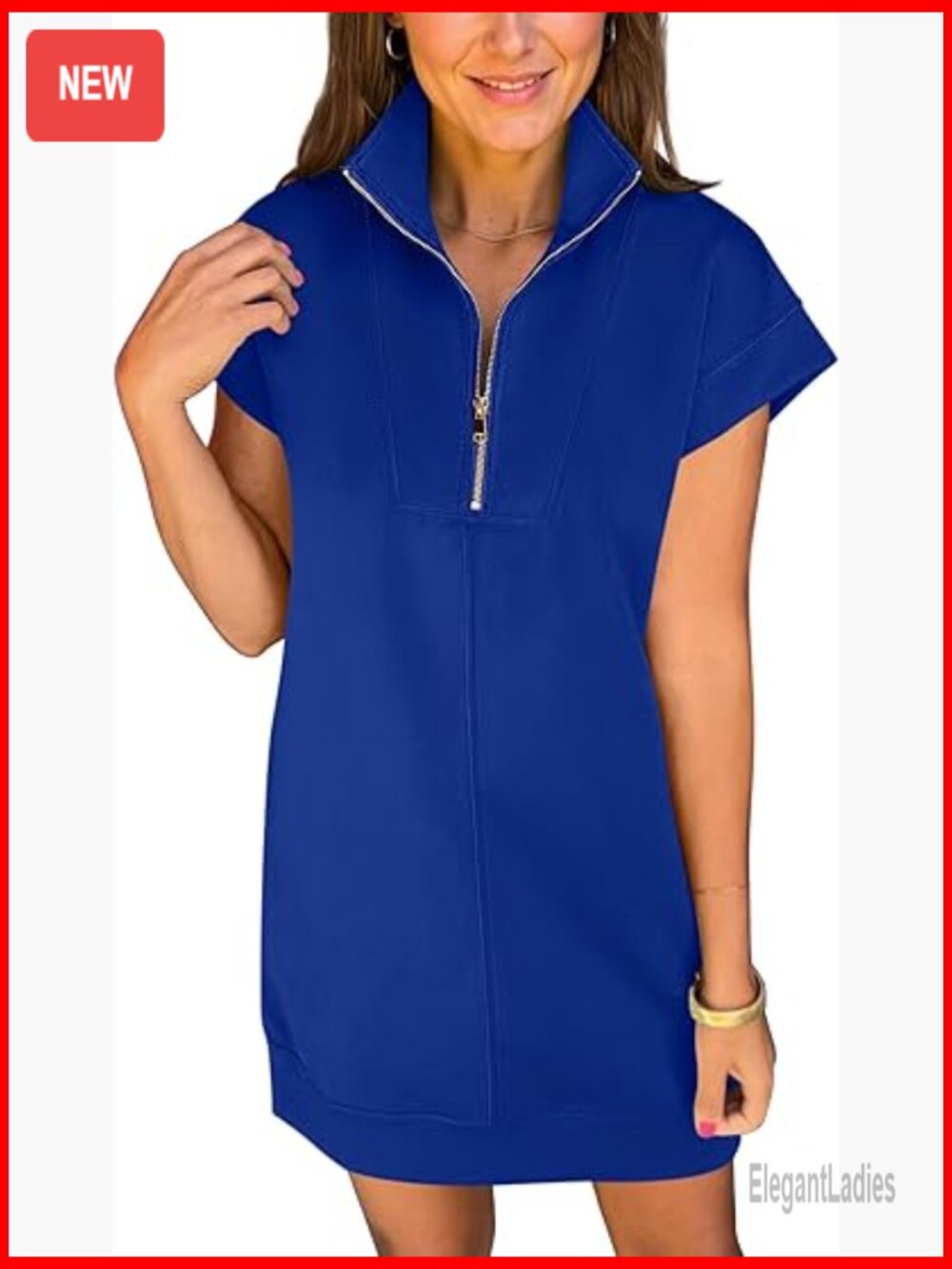 Womens Cap Sleeve Half Zip Funnel Neck A-Line Mini Dress Summer Casual Work